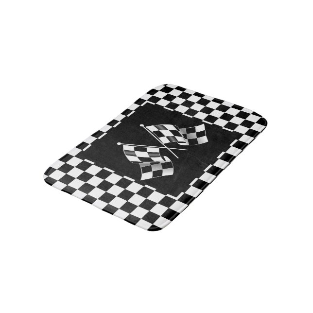 Cool Black And White Checkered Flag Pattern Bath Mat (Angled)