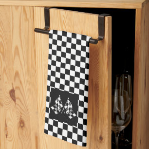 Cool Black And White Chequered Flag Pattern Kitchen Towel