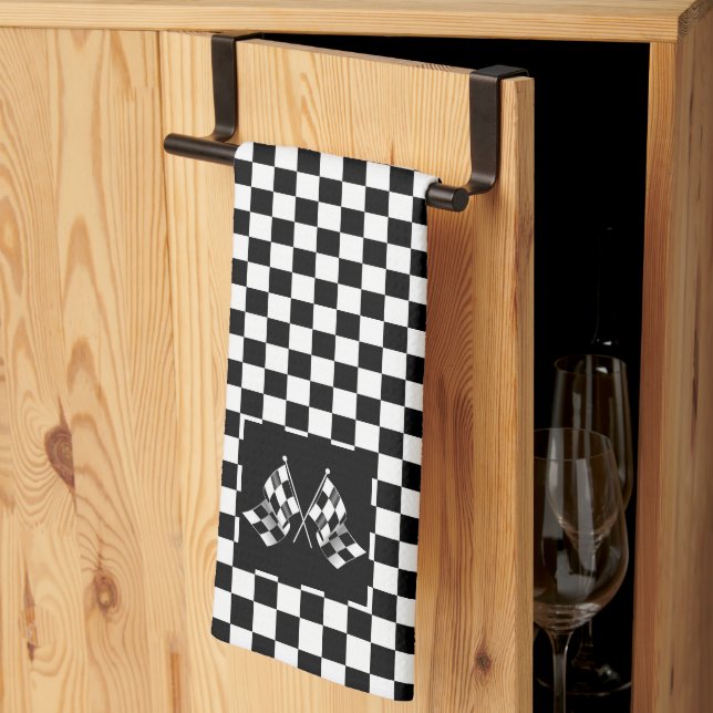 Cool Black And White Chequered Flag Pattern Kitchen Towel (Thirds Fold)