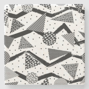 Cool Black and White Geometric Shapes and Lines Stone Coaster