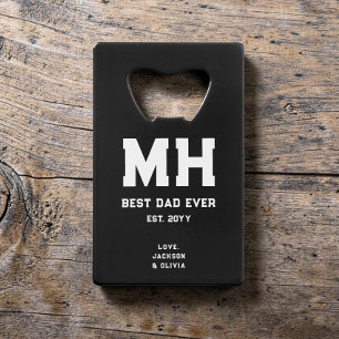 Cool Black and White Modern Monogram Best Dad Ever Credit Card Bottle Opener