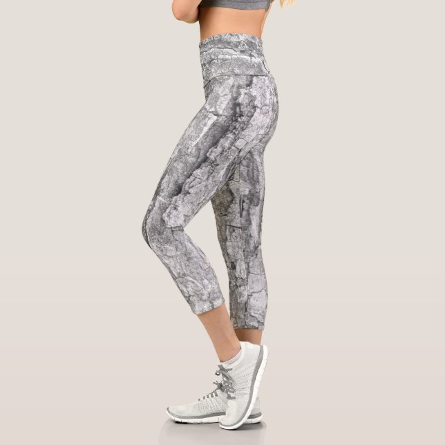 Cool Black and White Tree Bark Real Nature Pattern Capri Leggings (Left)