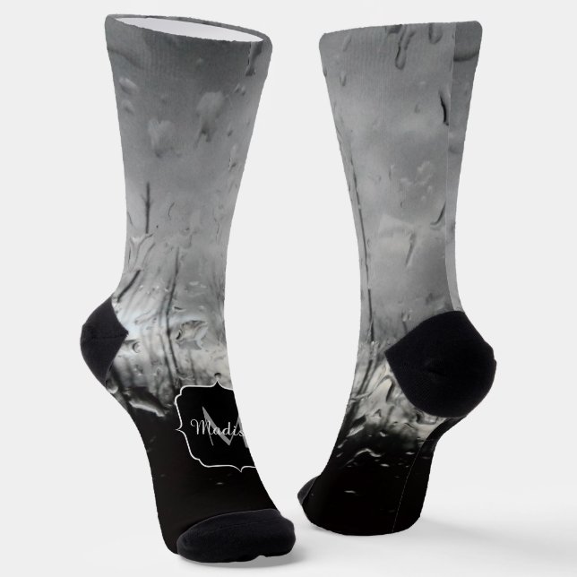 Cool black and white water drops abstract Monogram Socks (Angled)