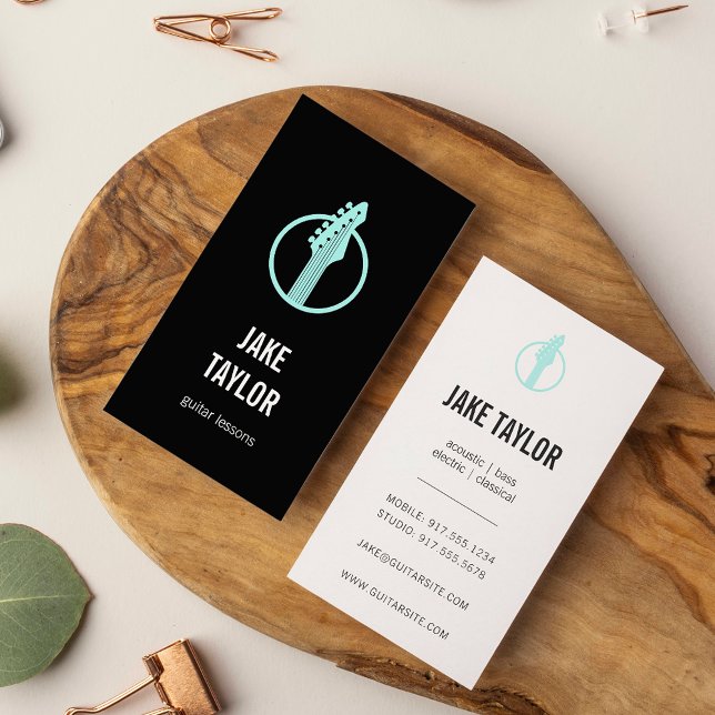 Cool Black & Aqua Guitar Lessons Vertical Business Card (Creator Uploaded)
