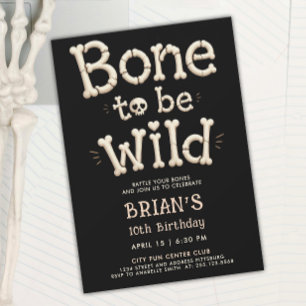Cool Black Bone To Be Wild Skull Fun Cartoon Typo Invitation