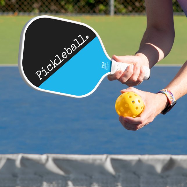 Cool Black Bright Sky Blue Slanted Pickleball Text Pickleball Paddle (Insitu)