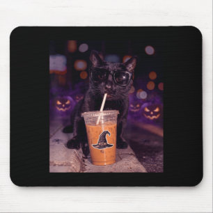Cool black cat drinking iced coffee halloween mouse pad
