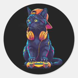 Cool Black Cat Gamer Halloween Spooky Design Classic Round Sticker