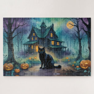 Cool Black Cat, Jack O Lanterns, Spooky House Jigsaw Puzzle