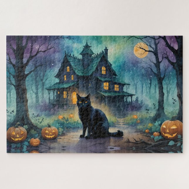 Cool Black Cat, Jack O Lanterns, Spooky House Jigsaw Puzzle (Horizontal)