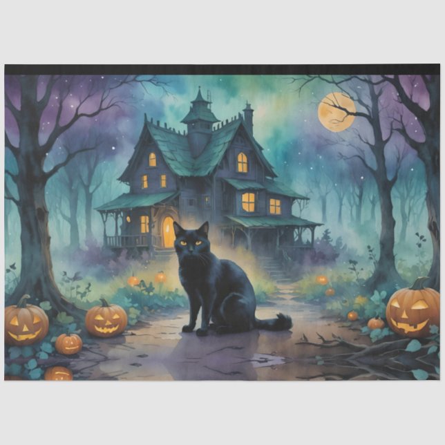 Cool Black Cat, Jack O Lanterns, Spooky House Tissue Paper (Front)