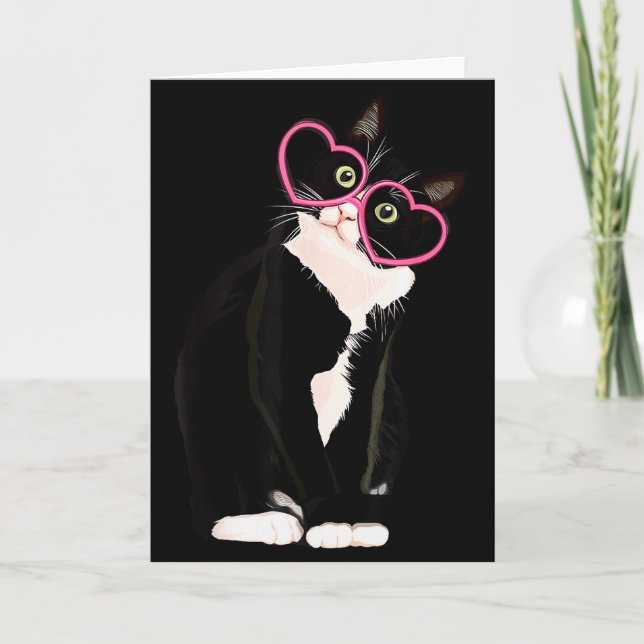 Cool Black Cat Kitten Red Heart Gles Happy Valenti Card (Front)