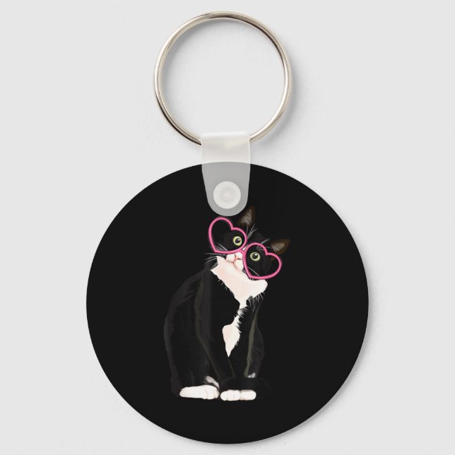 Cool Black Cat Kitten Red Heart Gles Happy Valenti Keychain (Front)