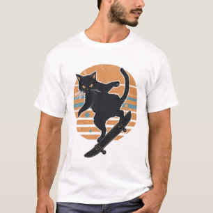 Cool Black Cat Skateboarder Retro 80s Sunset Graph T-Shirt