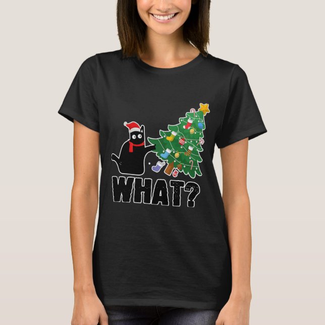 Cool Black Cat What Pushing Christmas T-Shirt (Front)