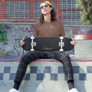 Cool Black Chequered Pattern Gold Monogram Signed Skateboard