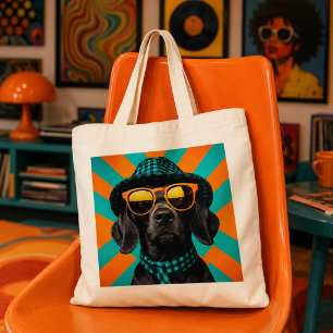 Cool Black Dog Wearing Orange Sunglasses Plaid Hat Tote Bag