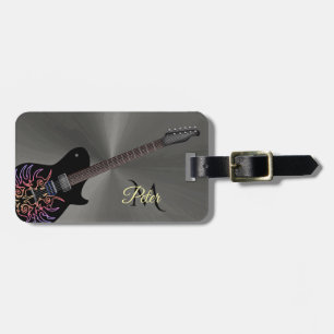 Cool Black Fiery Guitar Monogram Luggage Tag