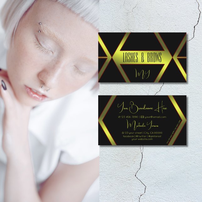 Cool Black Geometric Yellow Shimmer with Monogram Business Card (Creator Uploaded)