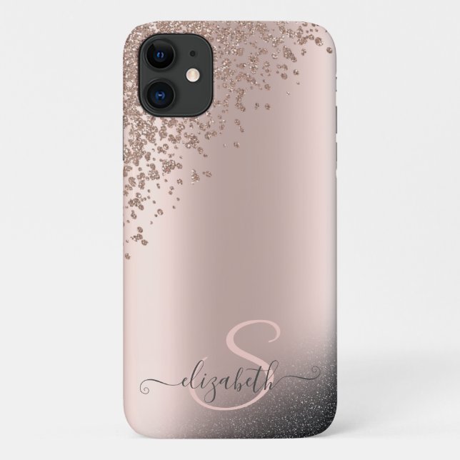 Cool Black Glitter Diamonds Rose Gold Monogram Case-Mate iPhone Case (Back)