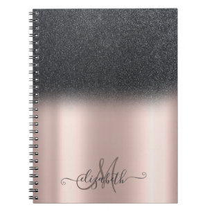 Cool Black Glitter Ombre Monogram Rose Gold Notebook