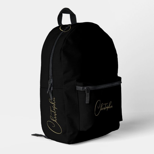 Cool Black Gold Monogram Men Women Travel Laptop Printed Backpack (Back Corner Left)