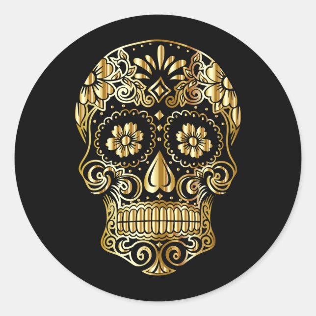 Cool Black & Gold Sugar Skull Day of the Dead Classic Round Sticker (Front)