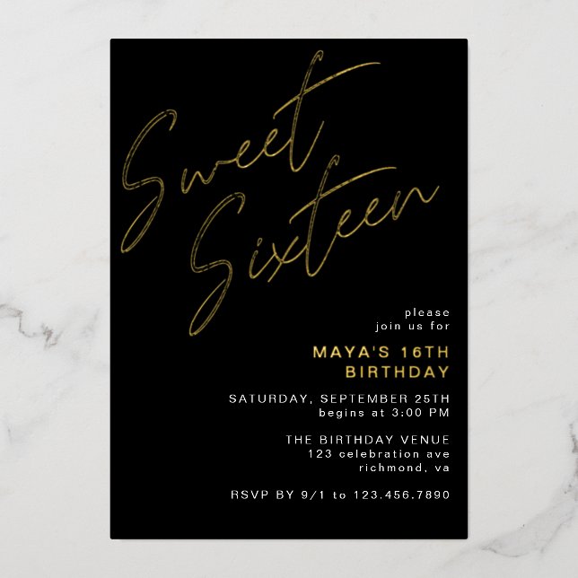 Cool Black & Gold Sweet Sixteen Glam 16th Birthday (Front)