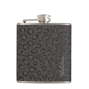 Cool black grey cheetah print monogram hip flask