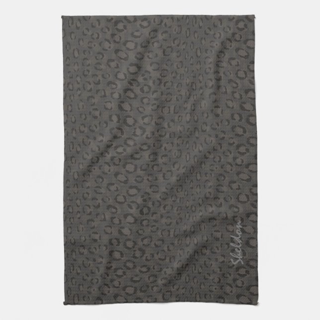 Cool black grey cheetah print monogram kitchen towel (Vertical)