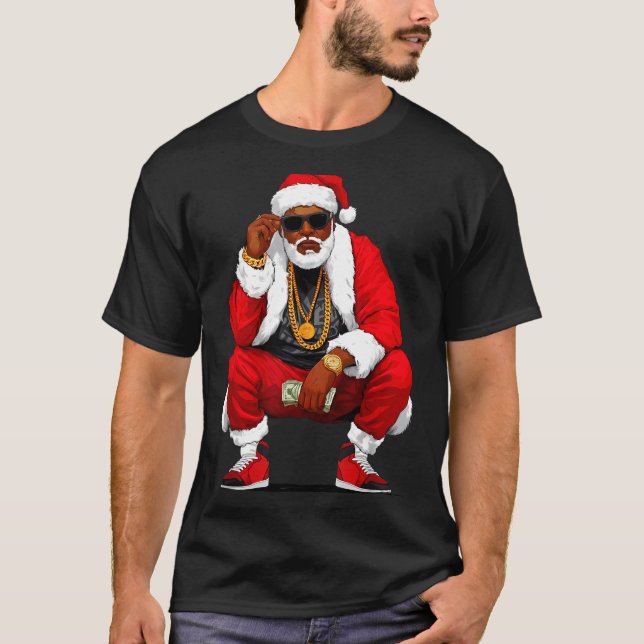 Cool Black Man Santa Claus Christmas African Ameri T-Shirt (Front)