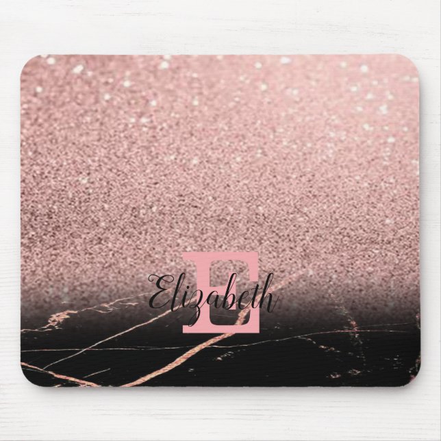 Cool Black  Marble,Glitter, Monogram-Personalized Mouse Pad (Front)