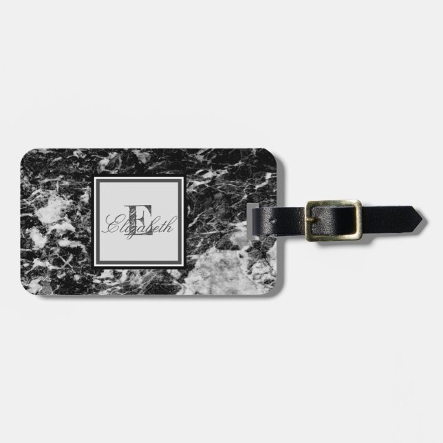 Cool Black  Marble Texture, Monogram-Personalized Luggage Tag (Front Horizontal)