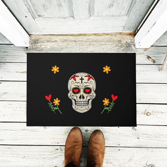 Cool Black Muertos Sugar Skull with Flowers Doormat (Creator Uploaded)
