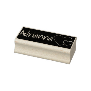 Cool Black Rectangle 2 Hearts Graphic Custom Name Rubber Stamp