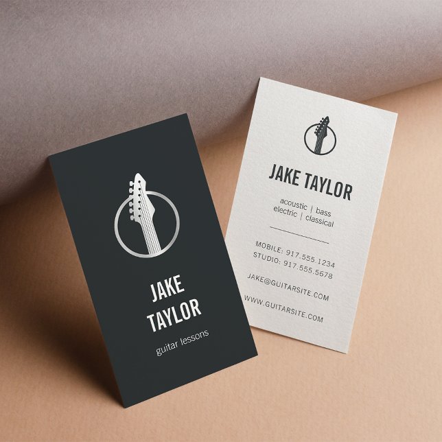 Cool Black & Silver Guitar Instructor Vertical Business Card (Creator Uploaded)