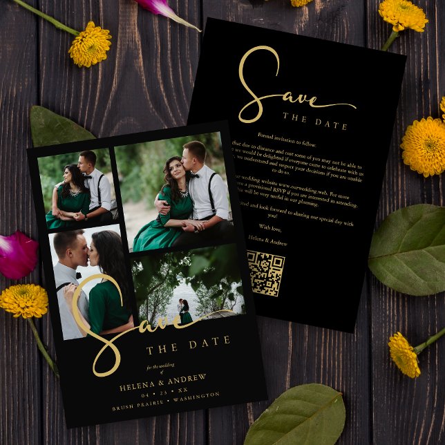 Cool Black Trend 4 Multi Photos Collage QR Wedding Save The Date (Creator Uploaded)