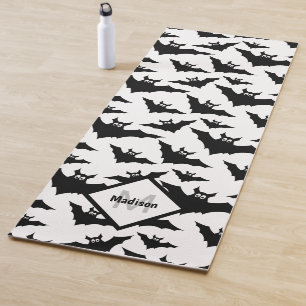 Cool black white bats Halloween pattern Monogram Yoga Mat