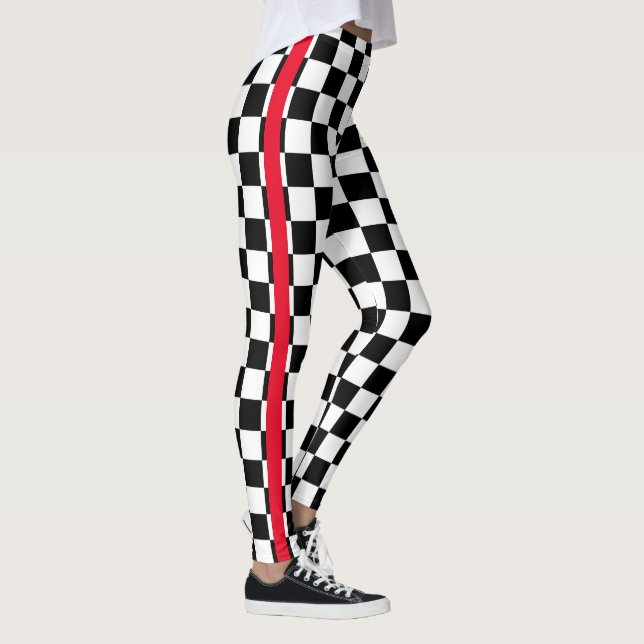 Cool Black White Chequered Flag Pattern Red Stripe Leggings (Right)