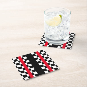 Cool Black White Chequered Flags Pattern Square Paper Coaster