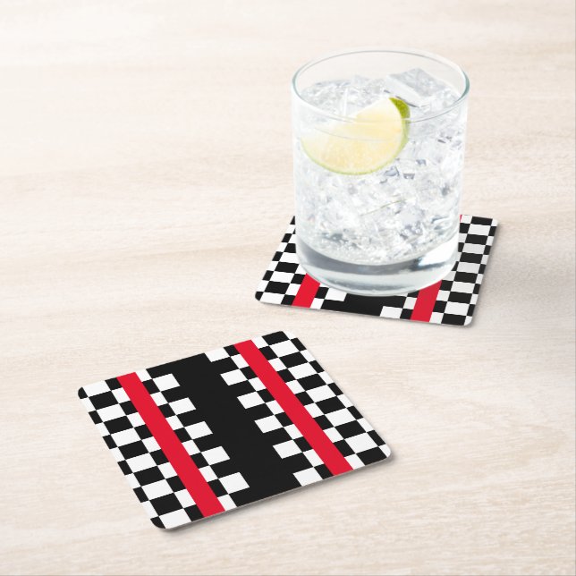 Cool Black White Chequered Flags Pattern Square Square Paper Coaster (Insitu)