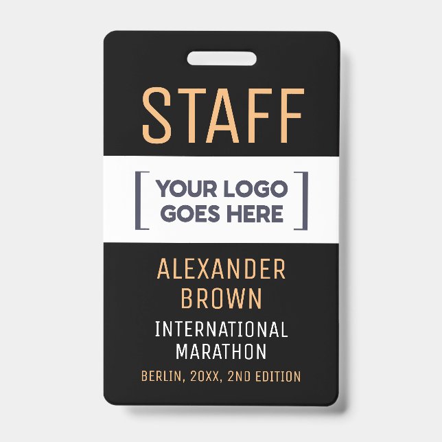 Cool Black White Event Staff Company Logo Name ID Badge (Front)