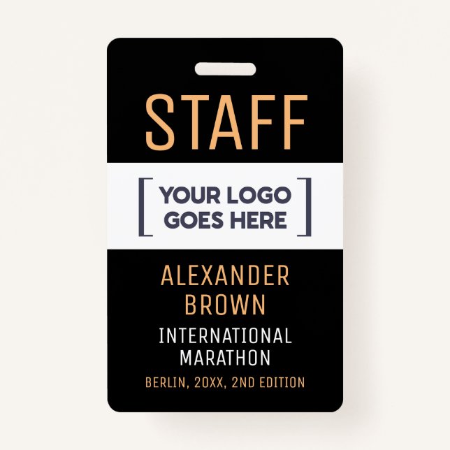 Cool Black White Event Staff Company Logo Name ID Badge (Front)
