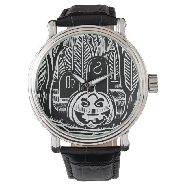 Cool Black White Halloween Pumpkin Cemetery Art Watch (Front)
