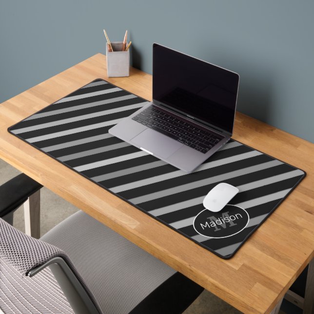 Cool black white retro stripes geometric Monogram Desk Mat (Office 2)