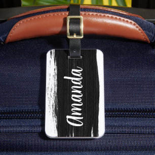 Cool black white watercolor brushstrokes monogram luggage tag