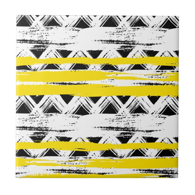 Cool Black White Yellow Stripes Tribal Pattern Tile (Front)