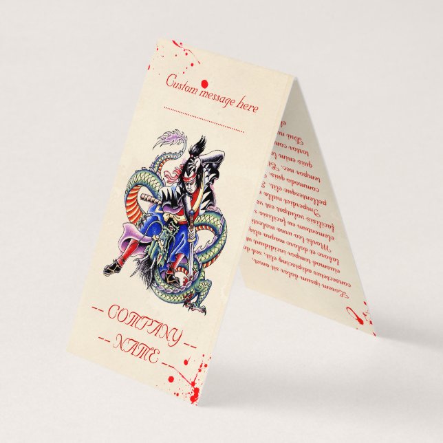 Cool blood japanese dragon samurai fight tattoo business card (Back)