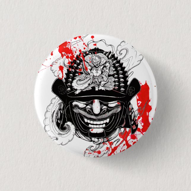 Cool blood splatter samurai demon mask helm tattoo 1 inch round button (Front)