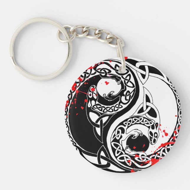Cool blood splatter Yin Yang Dragons tattoo art Keychain (Front)